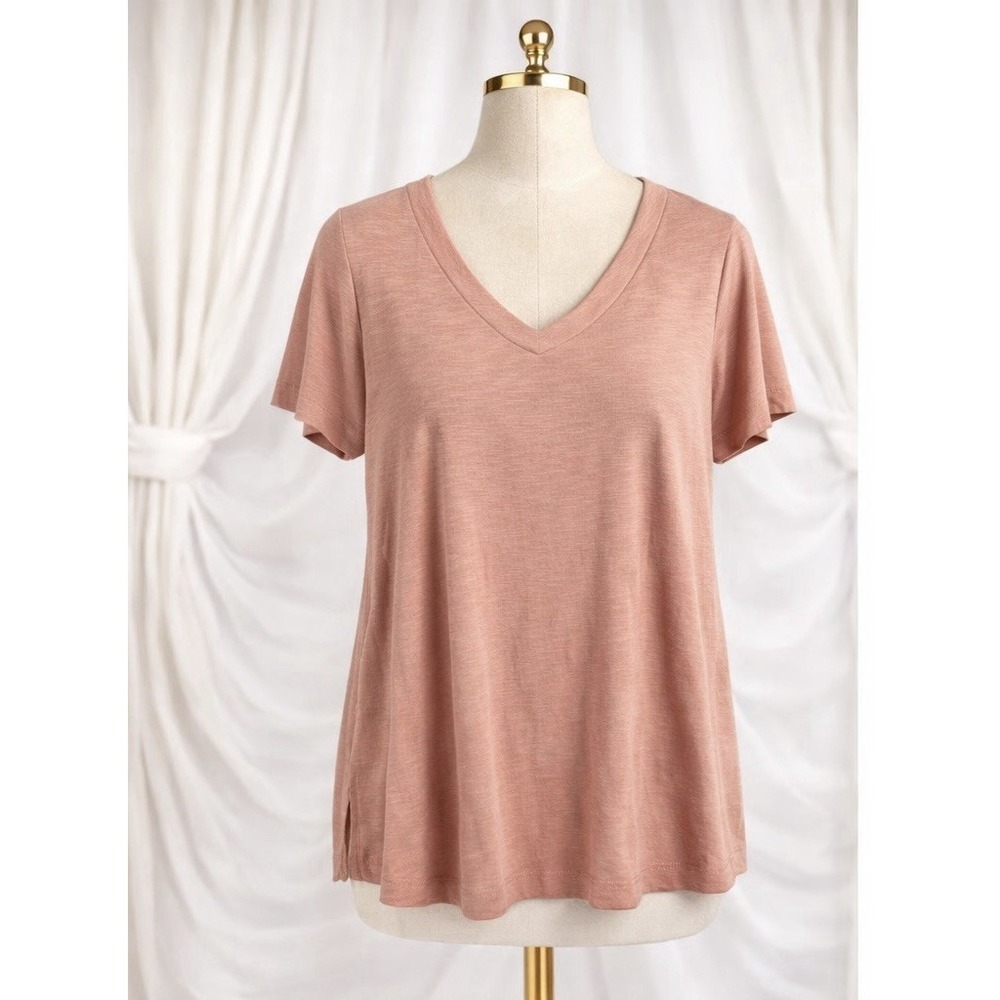 J Jill Pima Slub-Knit V-Neck Tee Luxe Coral Pink Short Slv T-Shirt Size M Petite